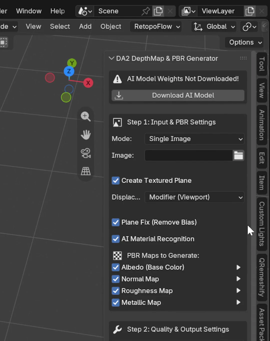 Cài đặt Add-on và bấm Download AI Model trong tab DA2 Depth