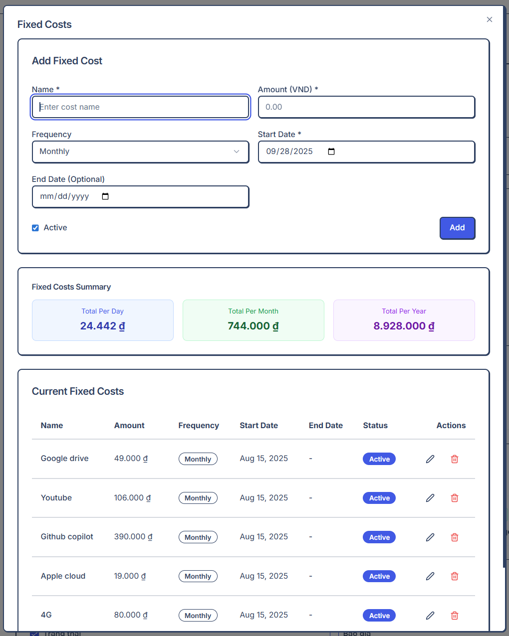 Fixed costs trong Freelance Flow
