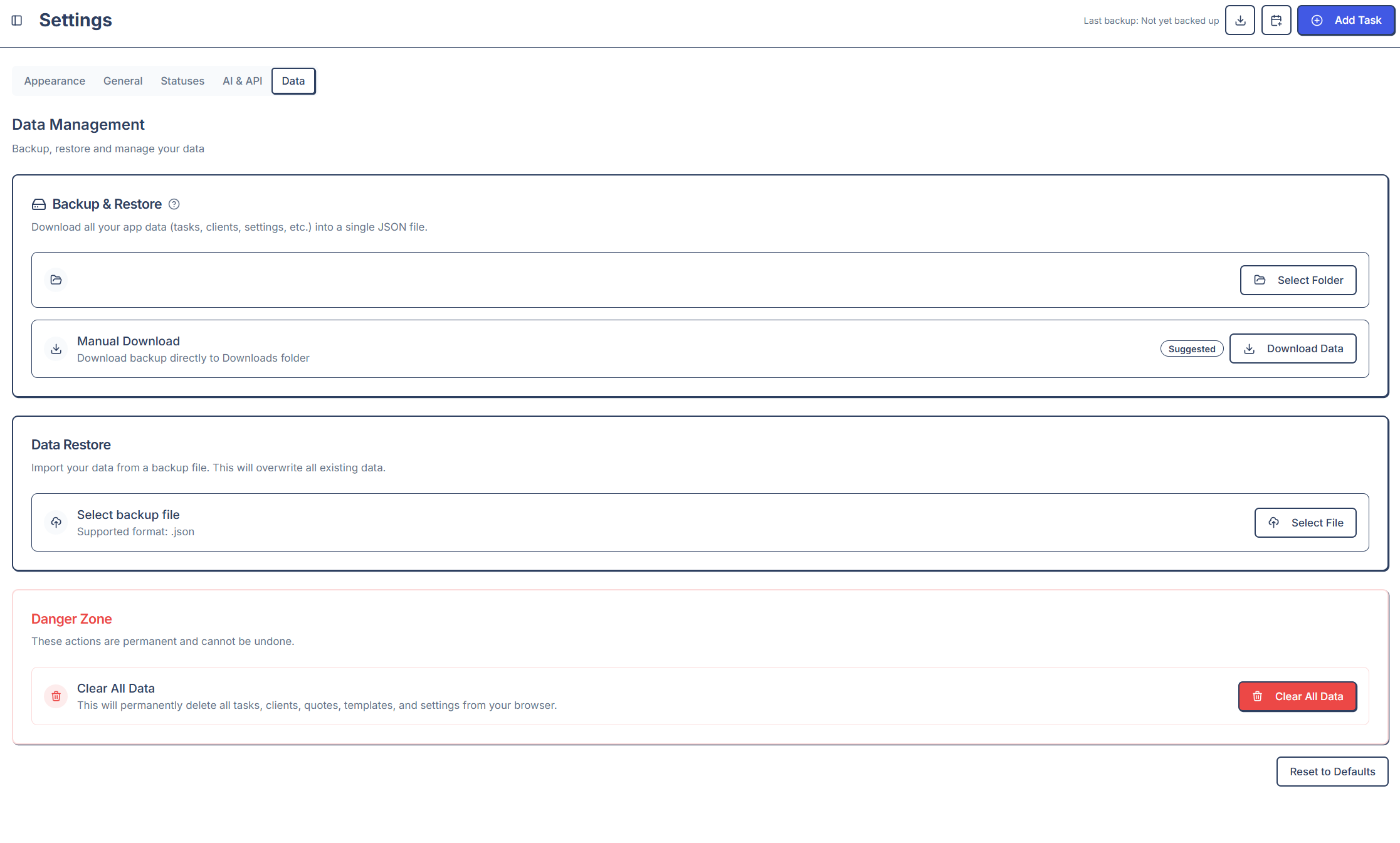 Tính năng Backup & Restore trong Freelance Flow