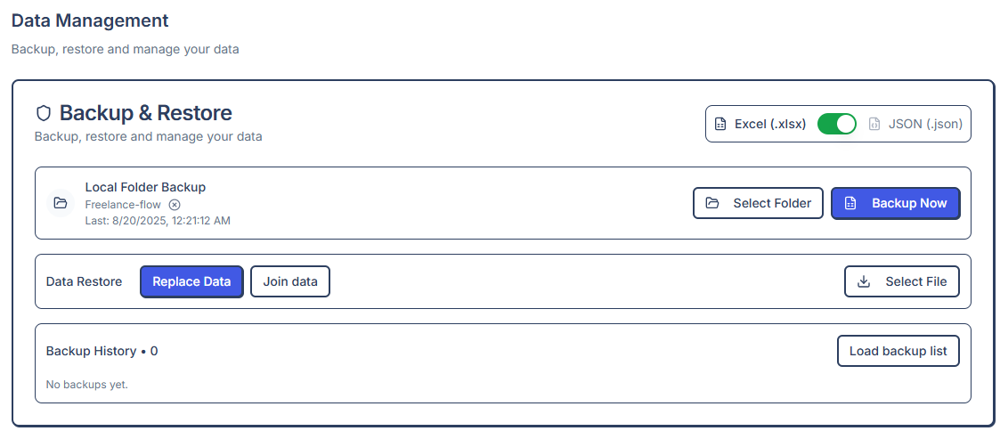 Excel backup trong Freelance Flow